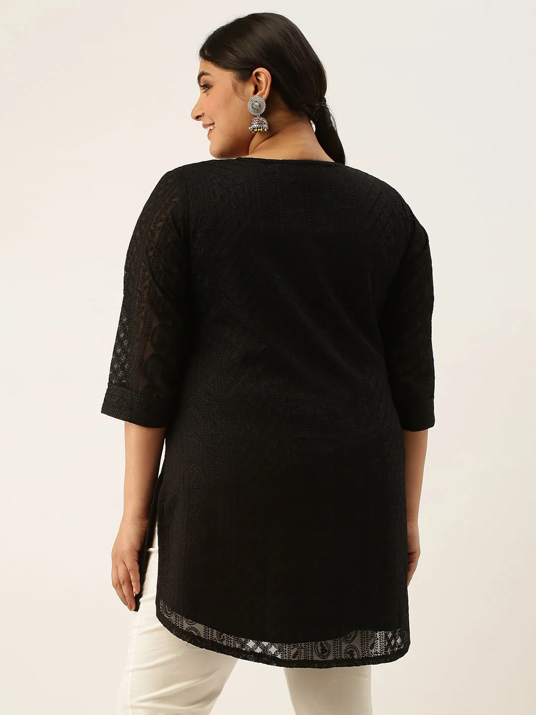 Black Paisley Embroidered Georgette Lucknowi Chikankari Thigh Length Tunic For Women - ZOLA