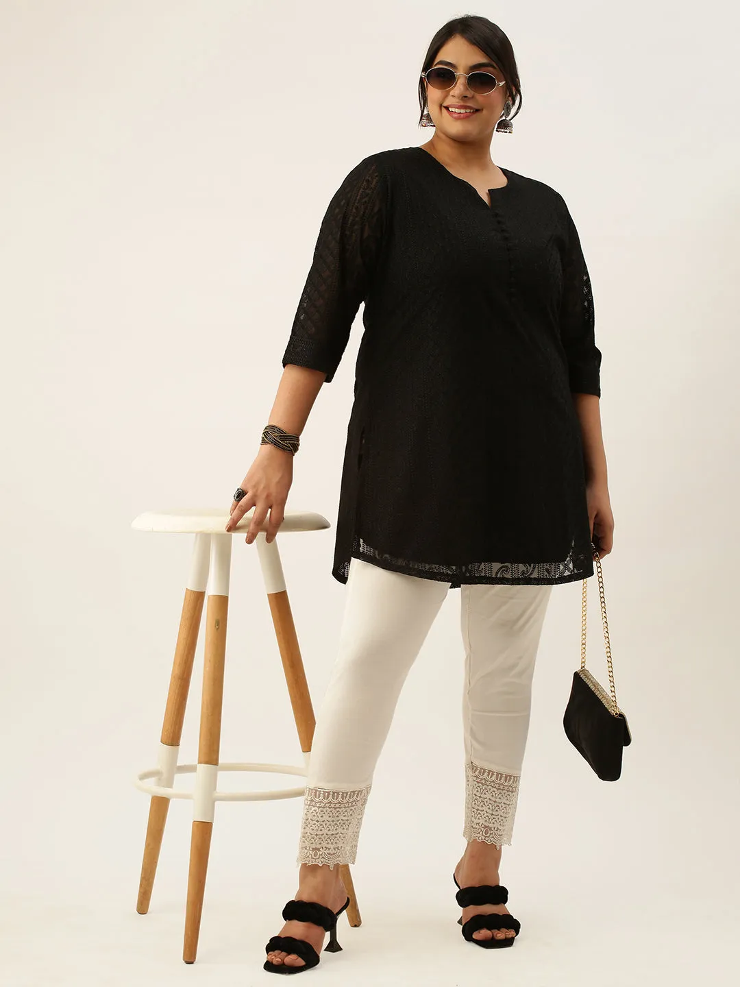 Black Paisley Embroidered Georgette Lucknowi Chikankari Thigh Length Tunic For Women - ZOLA