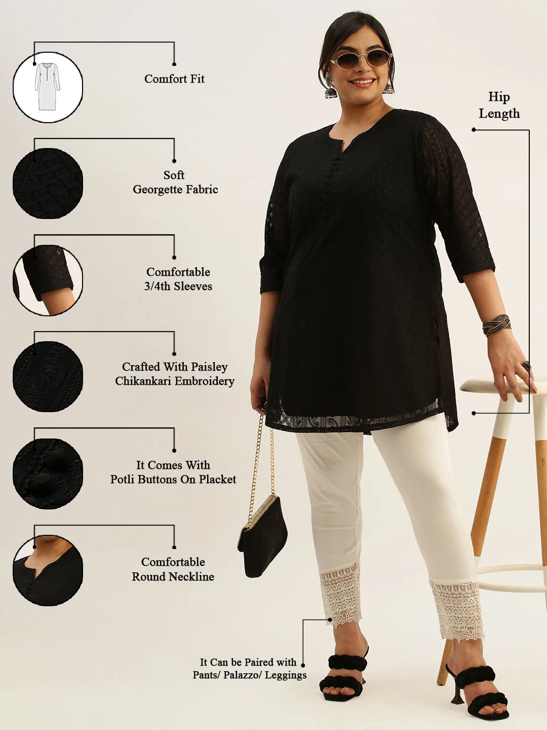 Black Paisley Embroidered Georgette Lucknowi Chikankari Thigh Length Tunic For Women - ZOLA