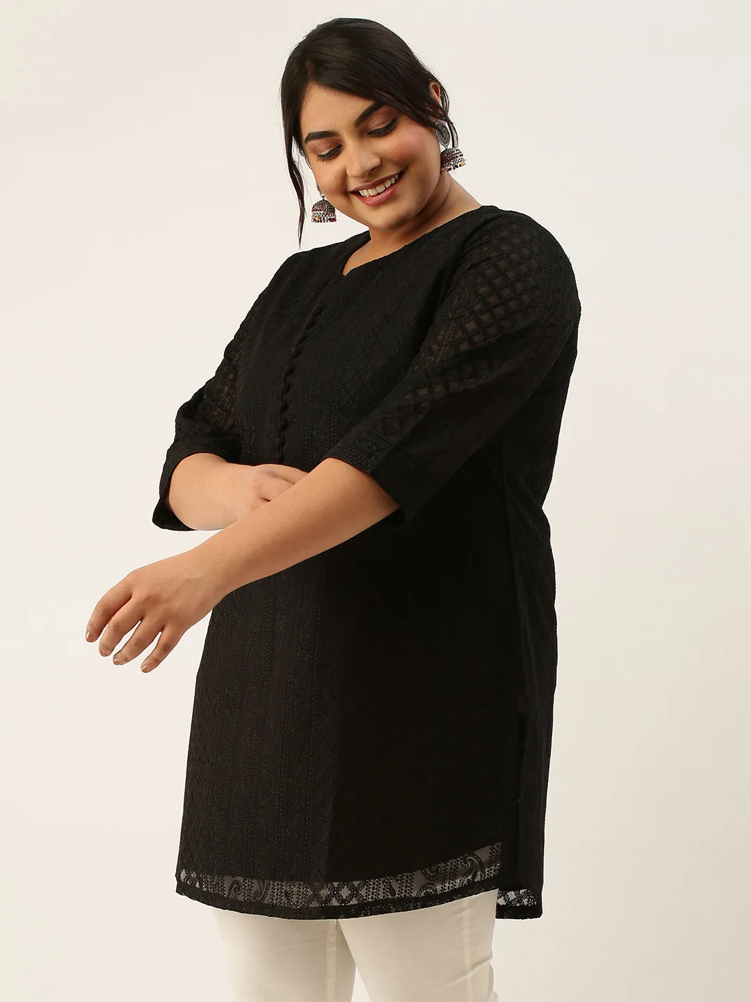 Black Paisley Embroidered Georgette Lucknowi Chikankari Thigh Length Tunic For Women - ZOLA