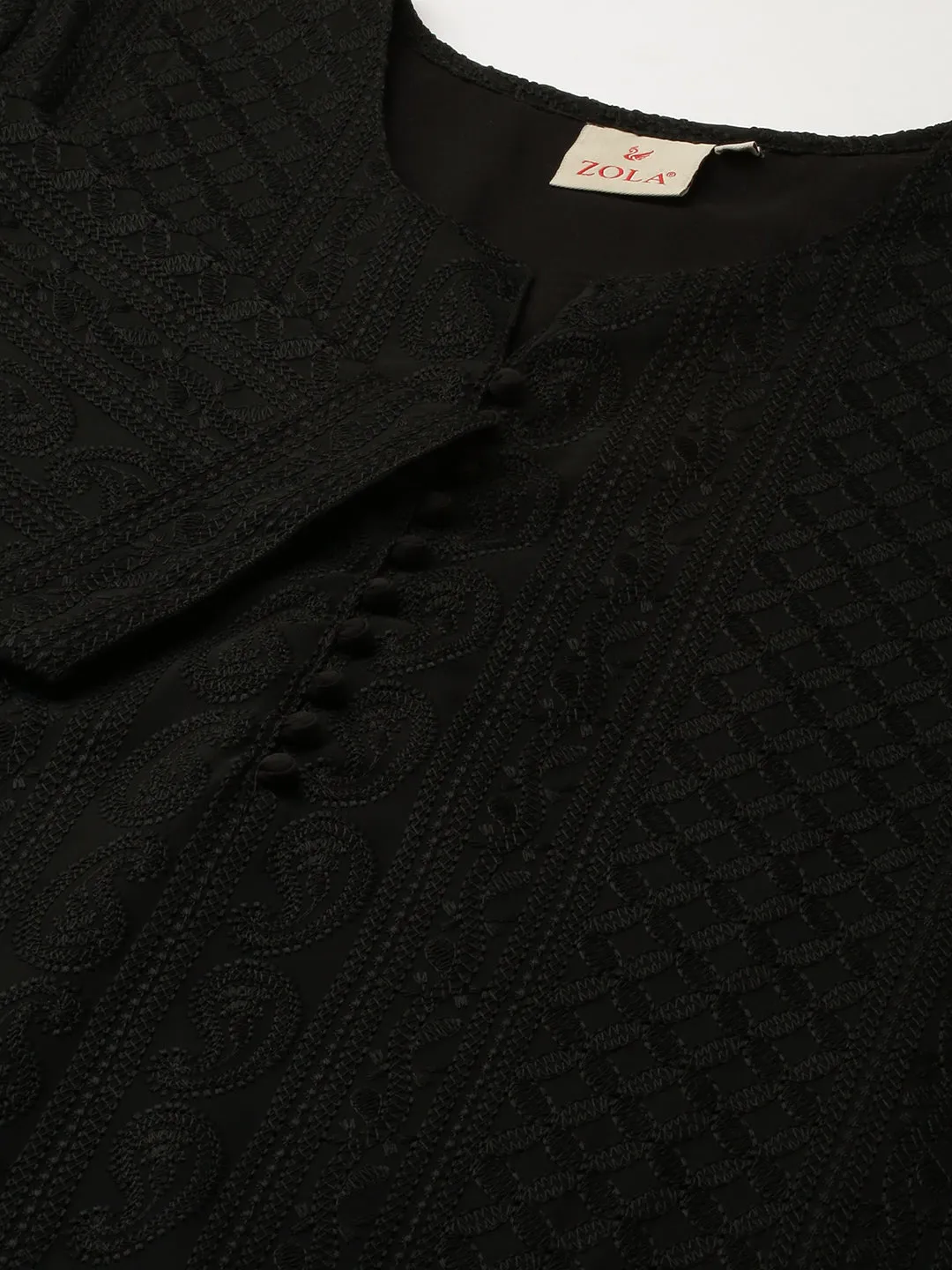 Black Paisley Embroidered Georgette Lucknowi Chikankari Thigh Length Tunic For Women - ZOLA