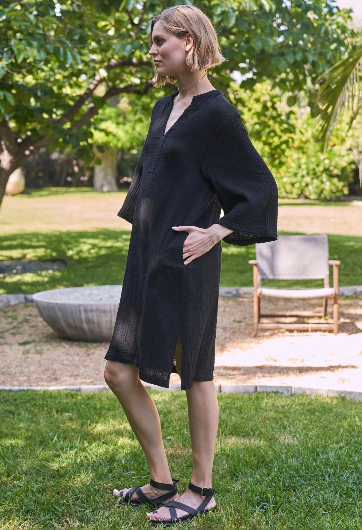 Black Short Gauze Tunic Dress with Pockets