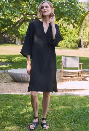 Black Short Gauze Tunic Dress with Pockets