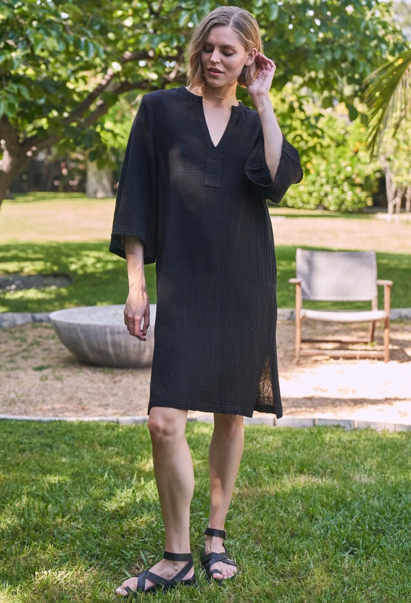 Black Short Gauze Tunic Dress with Pockets