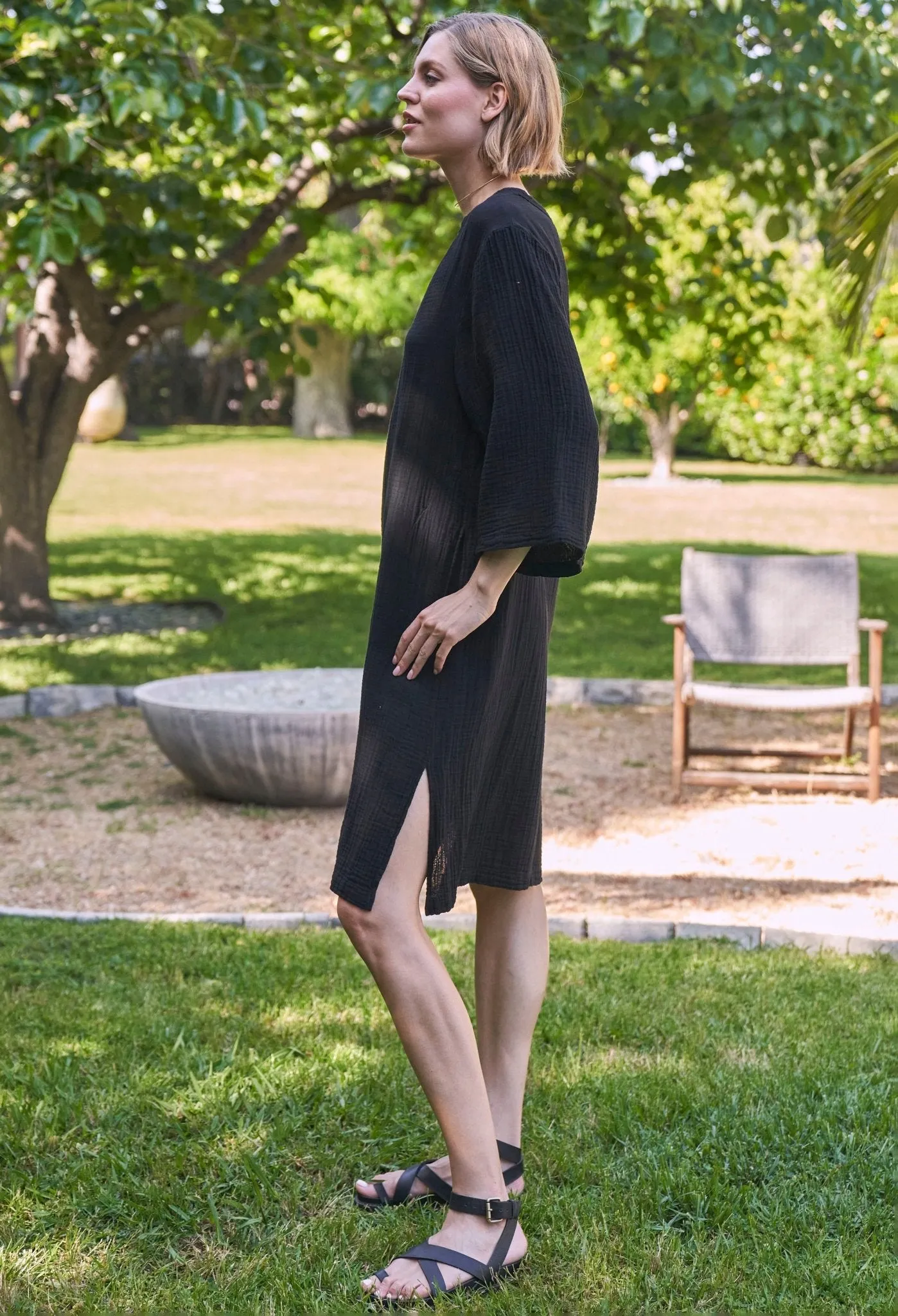 Black Short Gauze Tunic Dress with Pockets