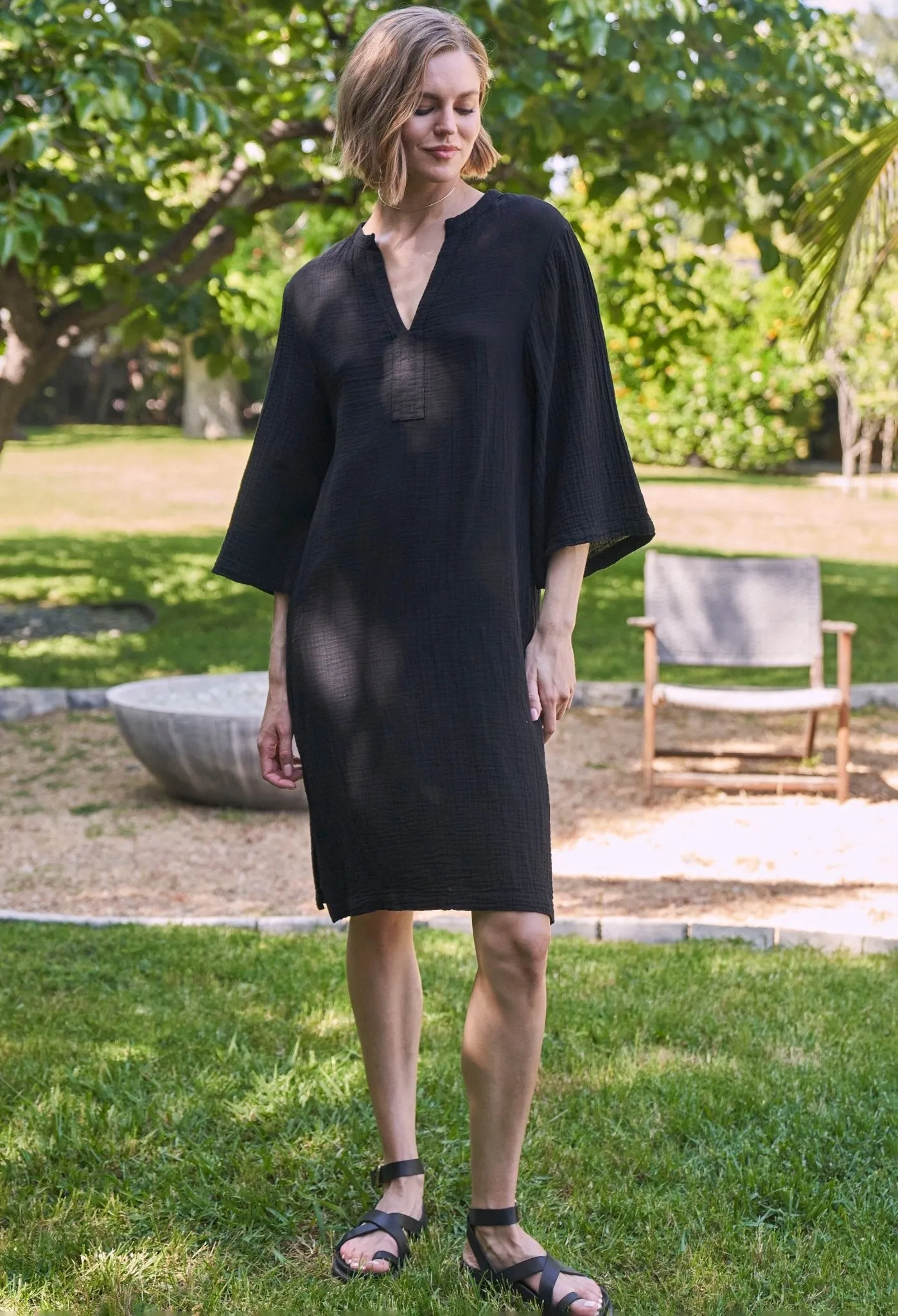 Black Short Gauze Tunic Dress with Pockets