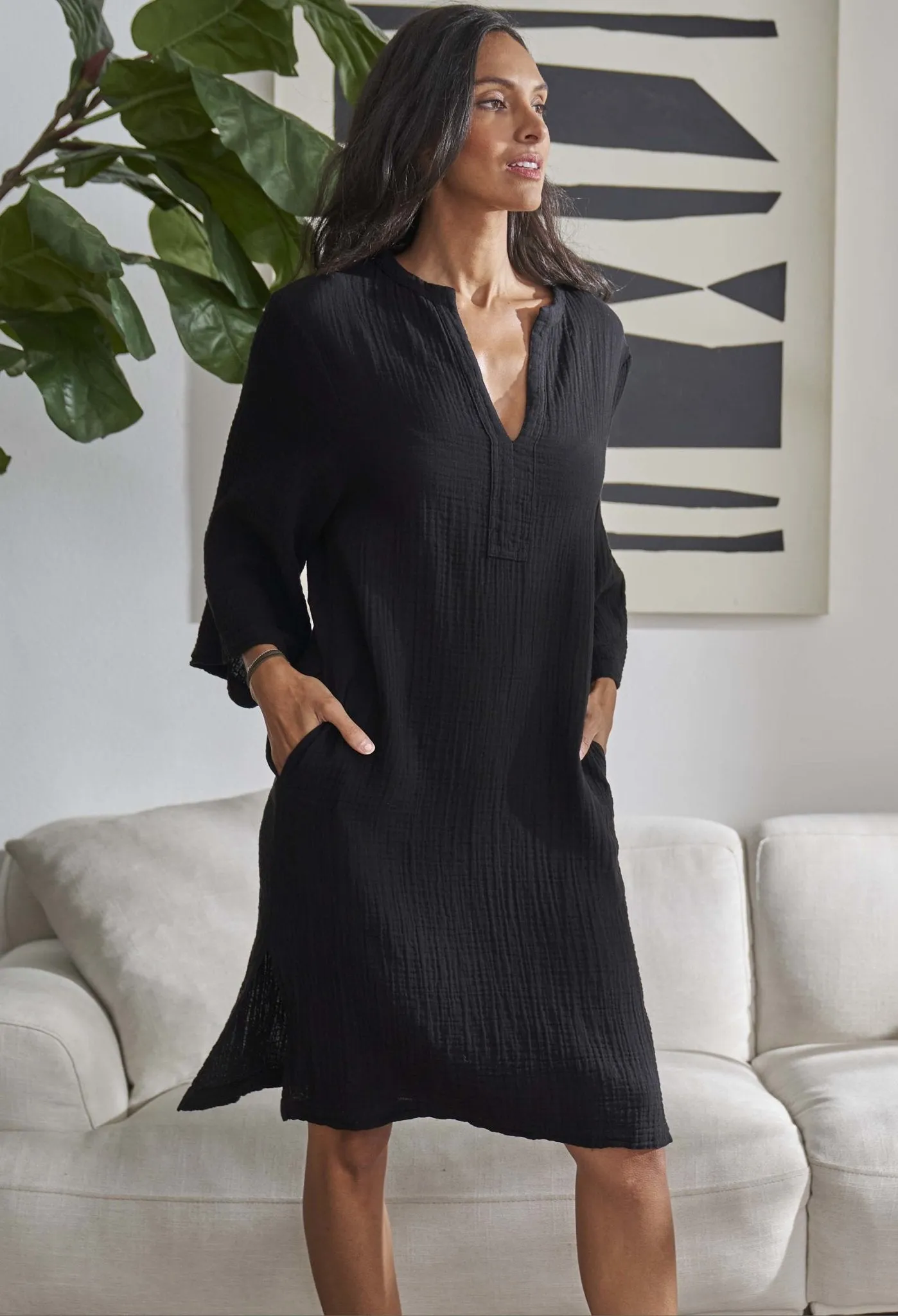 Black Short Gauze Tunic Dress with Pockets