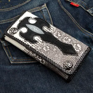 Black Stingray Cross Lizard Skin Leather Long Biker Wallet