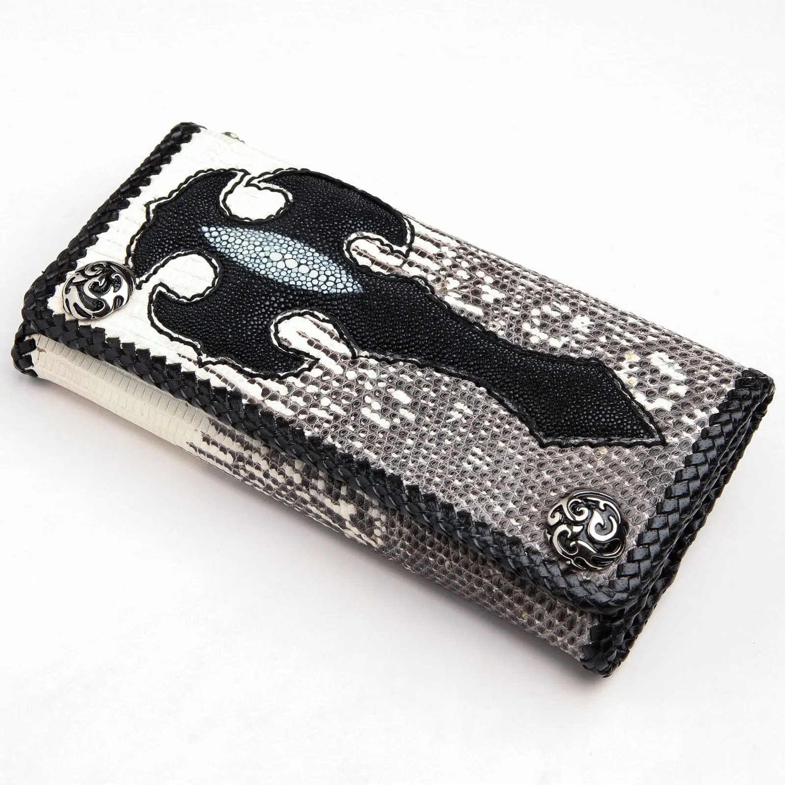 Black Stingray Cross Lizard Skin Leather Long Biker Wallet