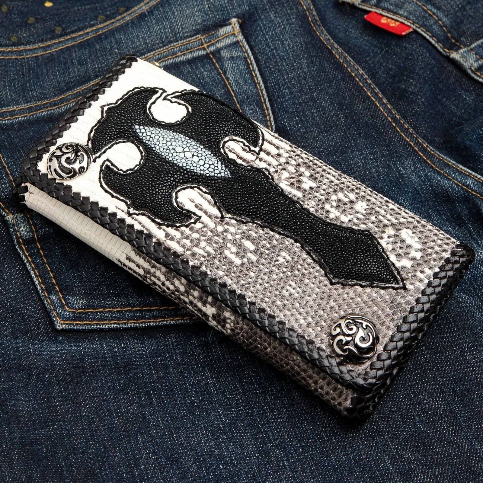 Black Stingray Cross Lizard Skin Leather Long Biker Wallet
