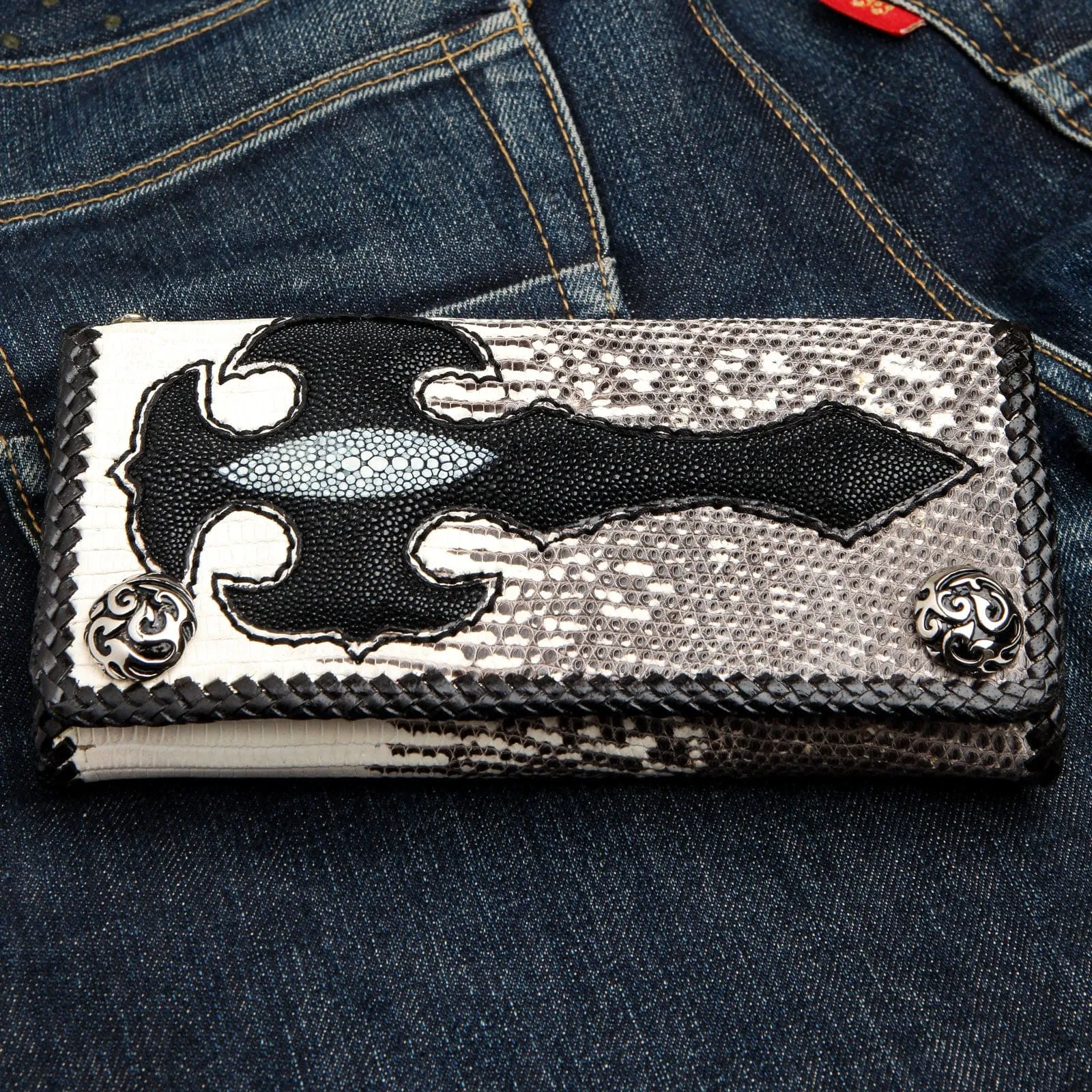 Black Stingray Cross Lizard Skin Leather Long Biker Wallet