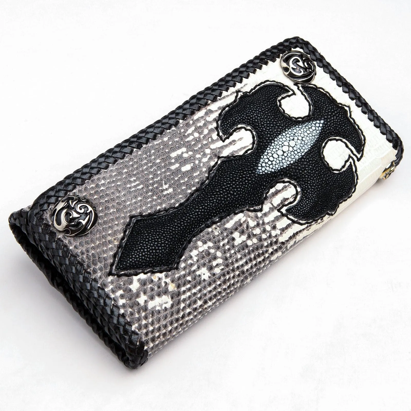 Black Stingray Cross Lizard Skin Leather Long Biker Wallet