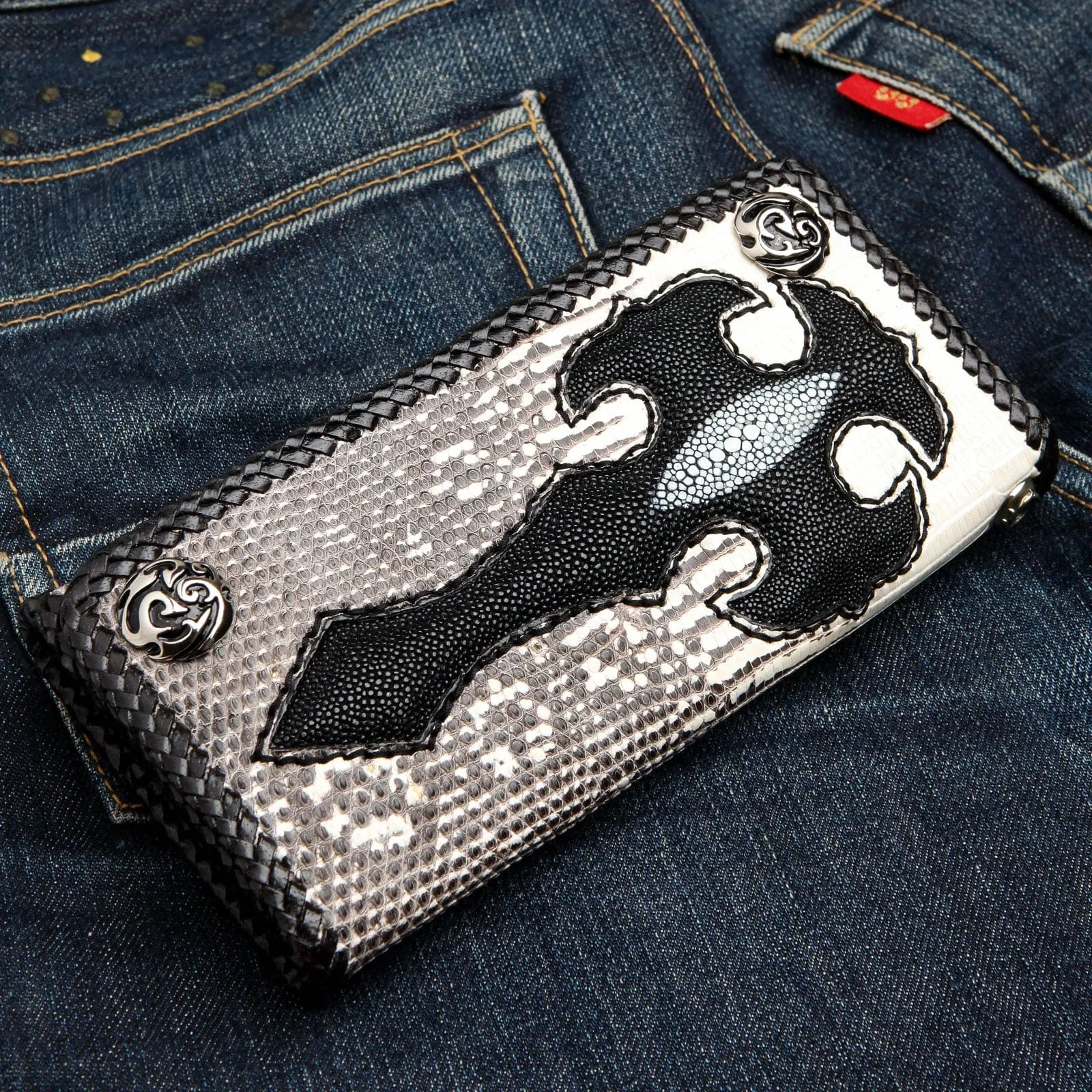 Black Stingray Cross Lizard Skin Leather Long Biker Wallet