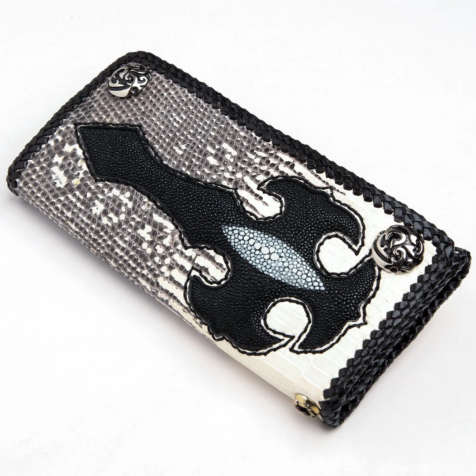 Black Stingray Cross Lizard Skin Leather Long Biker Wallet