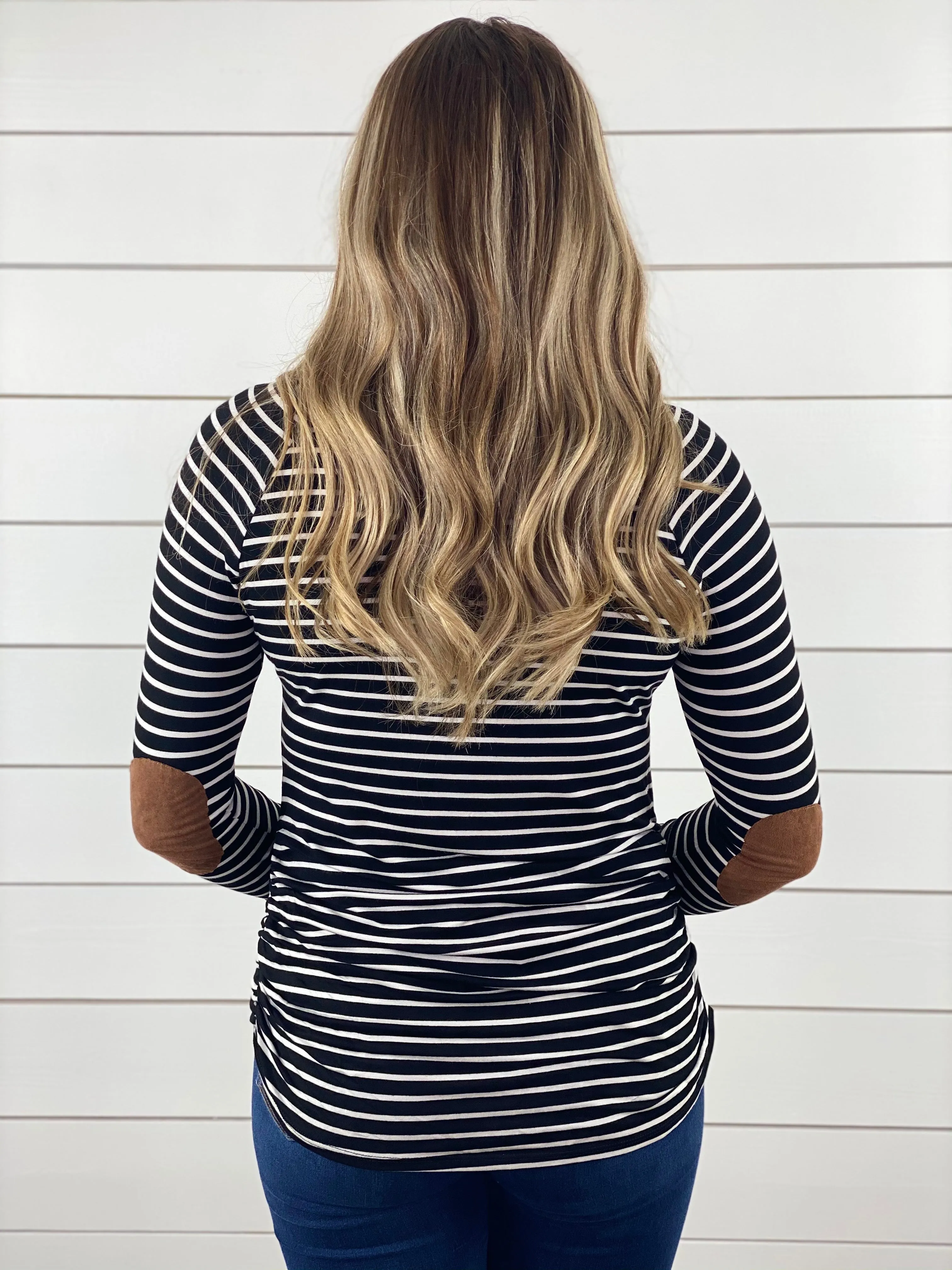 Black/Ivory Striped Runched Tunic Top with Elbow Patches