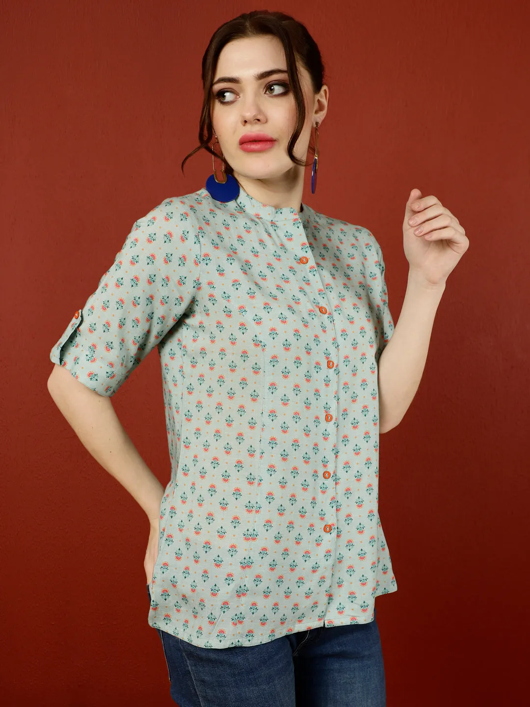 Blue Ethnic Printed Princess Cut Formal Top