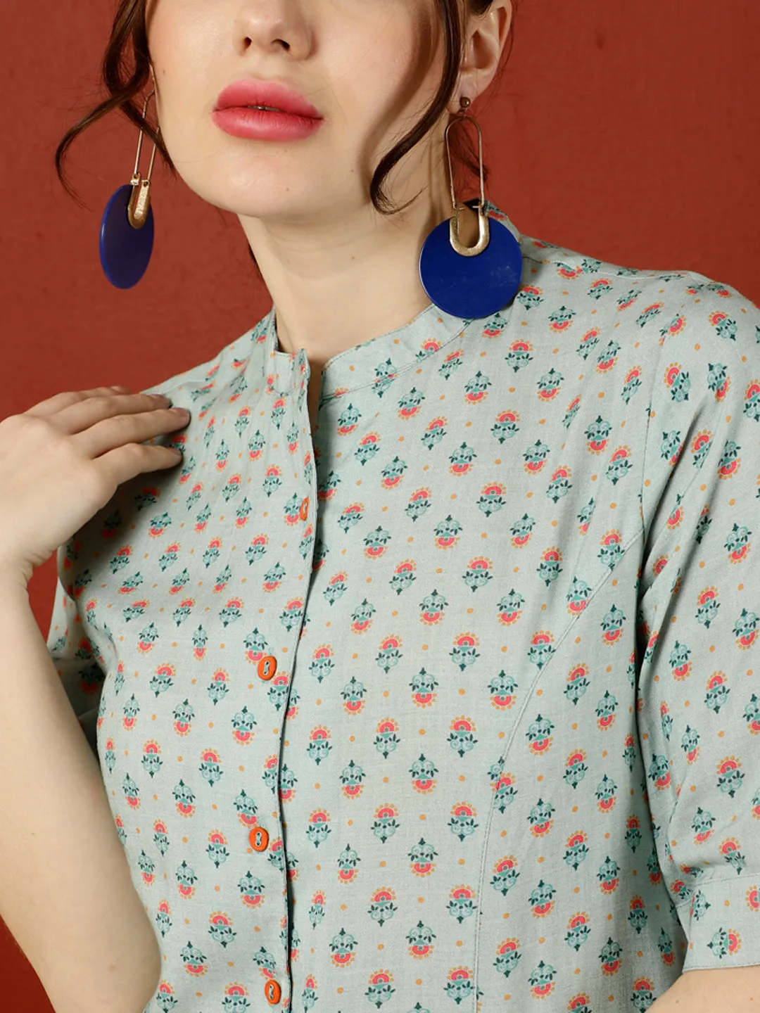 Blue Ethnic Printed Princess Cut Formal Top