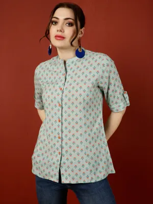 Blue Ethnic Printed Princess Cut Formal Top