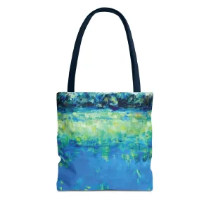 Blue Green Landscape Nature Art Canvas Tote Bag - Waters Edge 1 by Leslie Karpinski