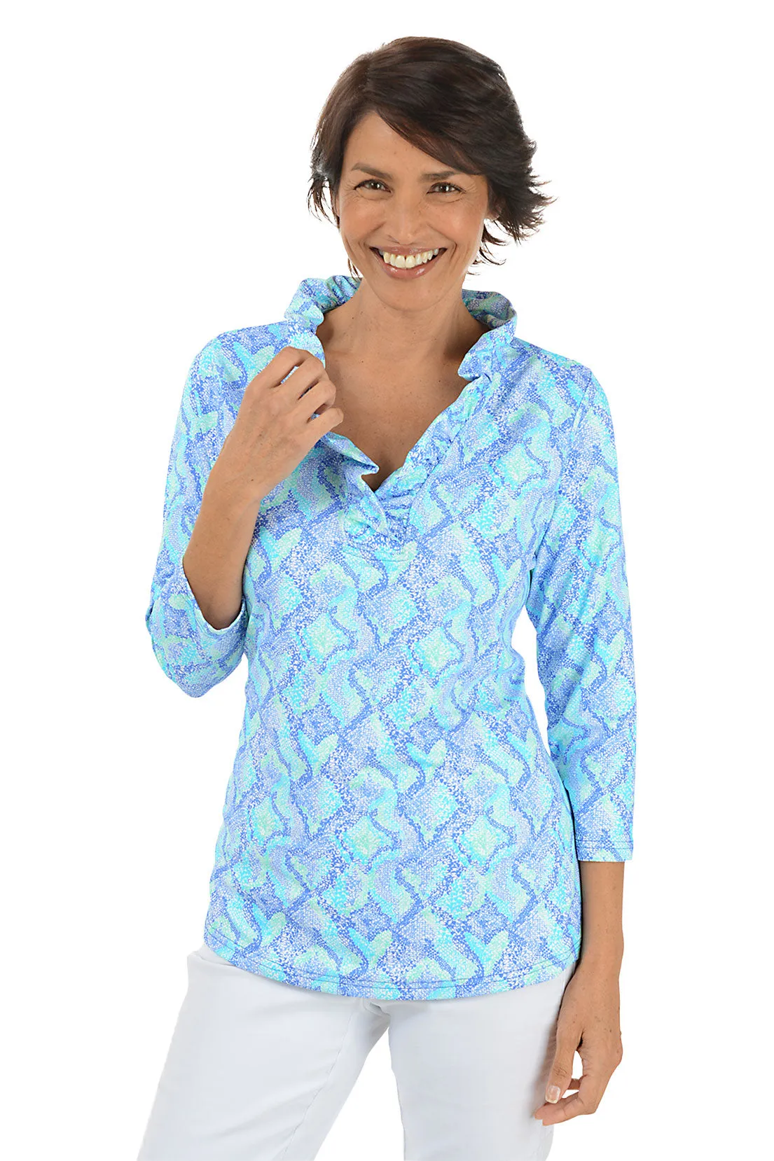 Blue Snake Hearts Ruffle Neck UPF50  Top