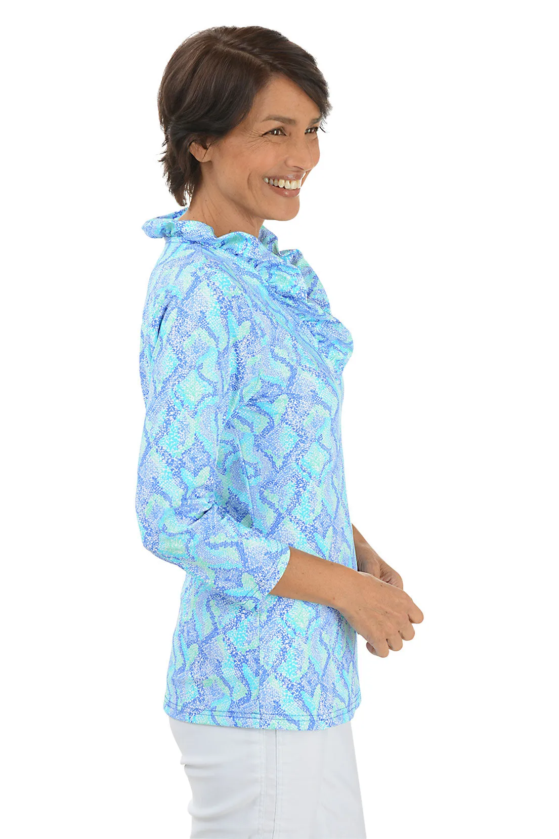 Blue Snake Hearts Ruffle Neck UPF50  Top