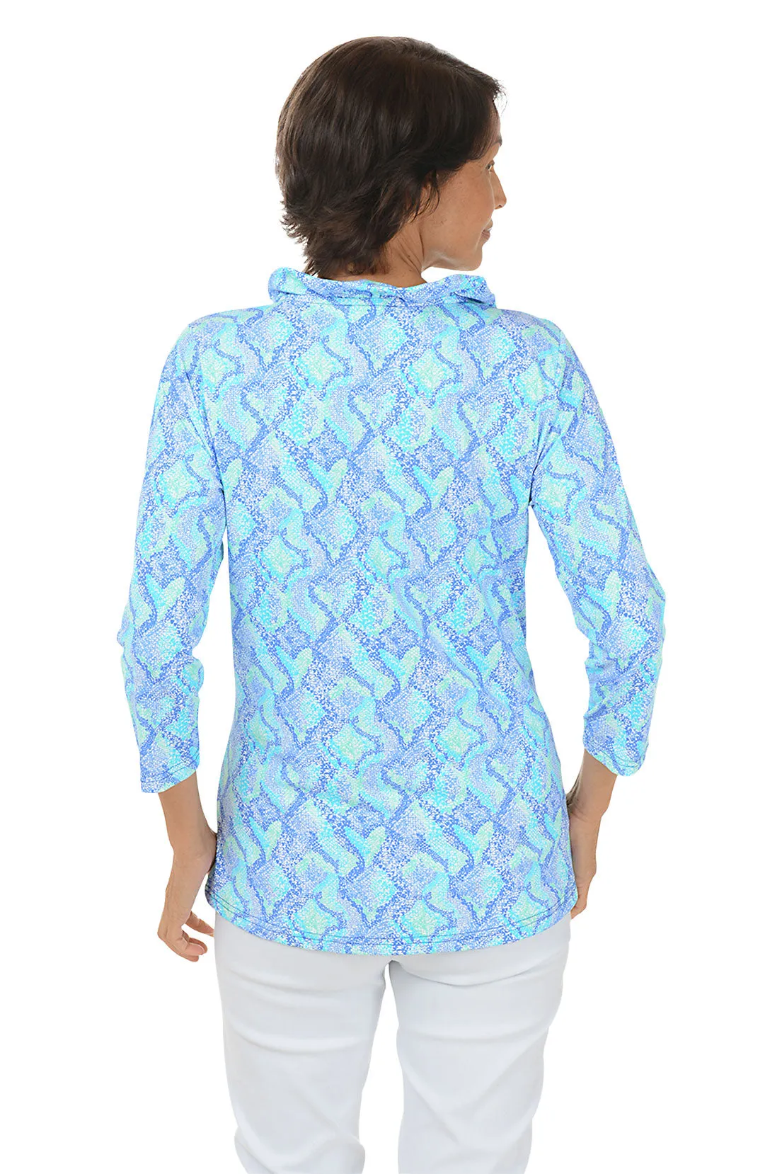 Blue Snake Hearts Ruffle Neck UPF50  Top