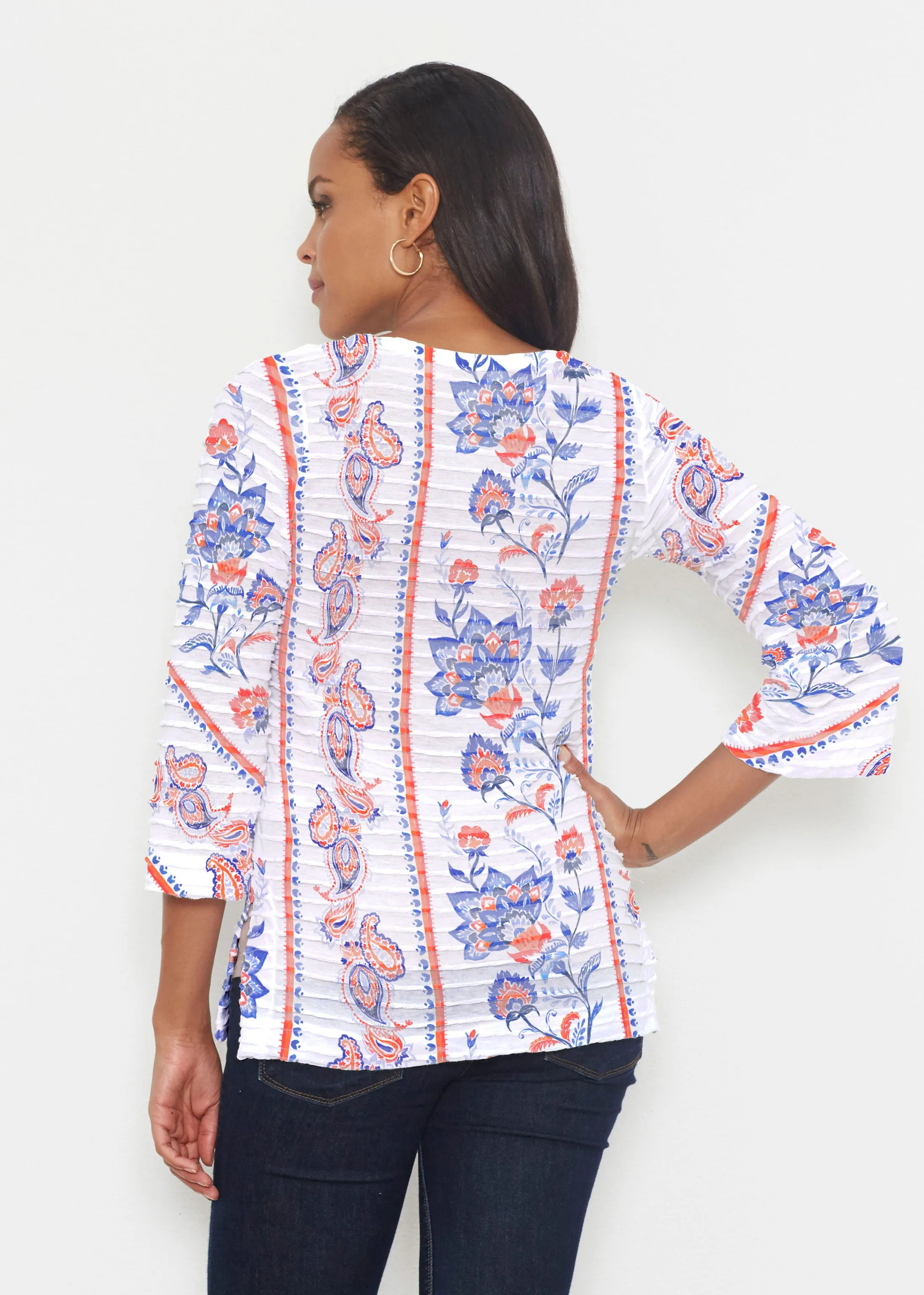 Bohemian Chintz (7847) ~ Banded 3/4 Bell-Sleeve V-Neck Tunic