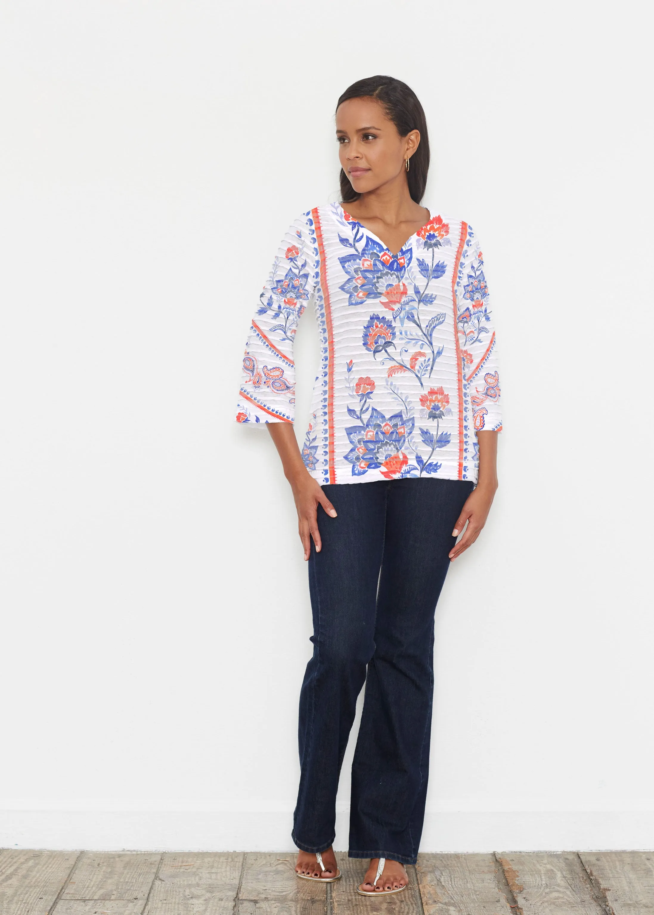 Bohemian Chintz (7847) ~ Banded 3/4 Bell-Sleeve V-Neck Tunic