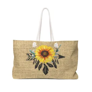 Boho Sunflower Dreamcatcher on Printed Burlap Background Weekender Bag Beach Back With Rope Handles