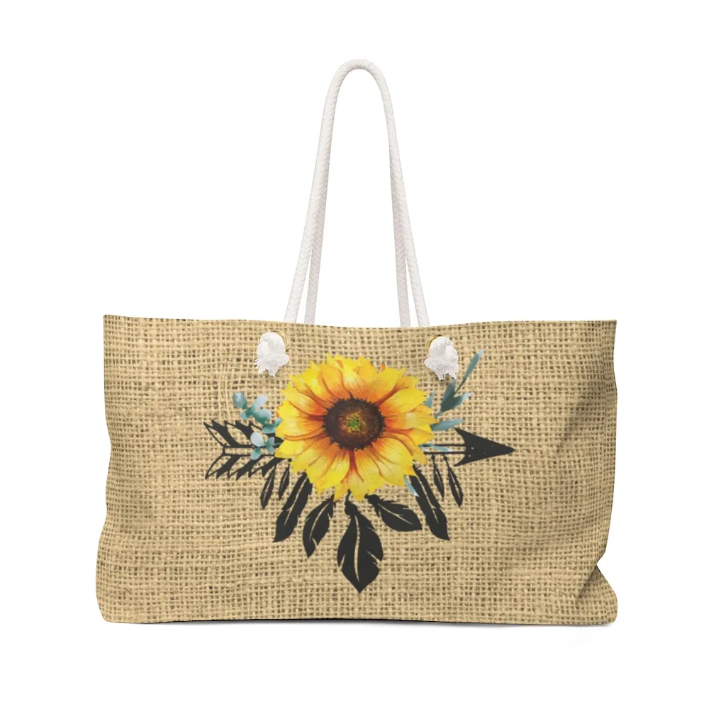Boho Sunflower Dreamcatcher on Printed Burlap Background Weekender Bag Beach Back With Rope Handles