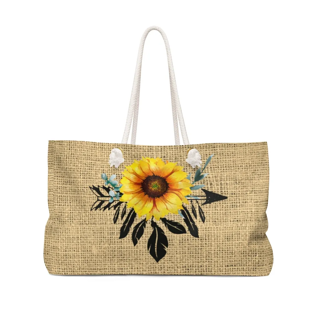 Boho Sunflower Dreamcatcher on Printed Burlap Background Weekender Bag Beach Back With Rope Handles