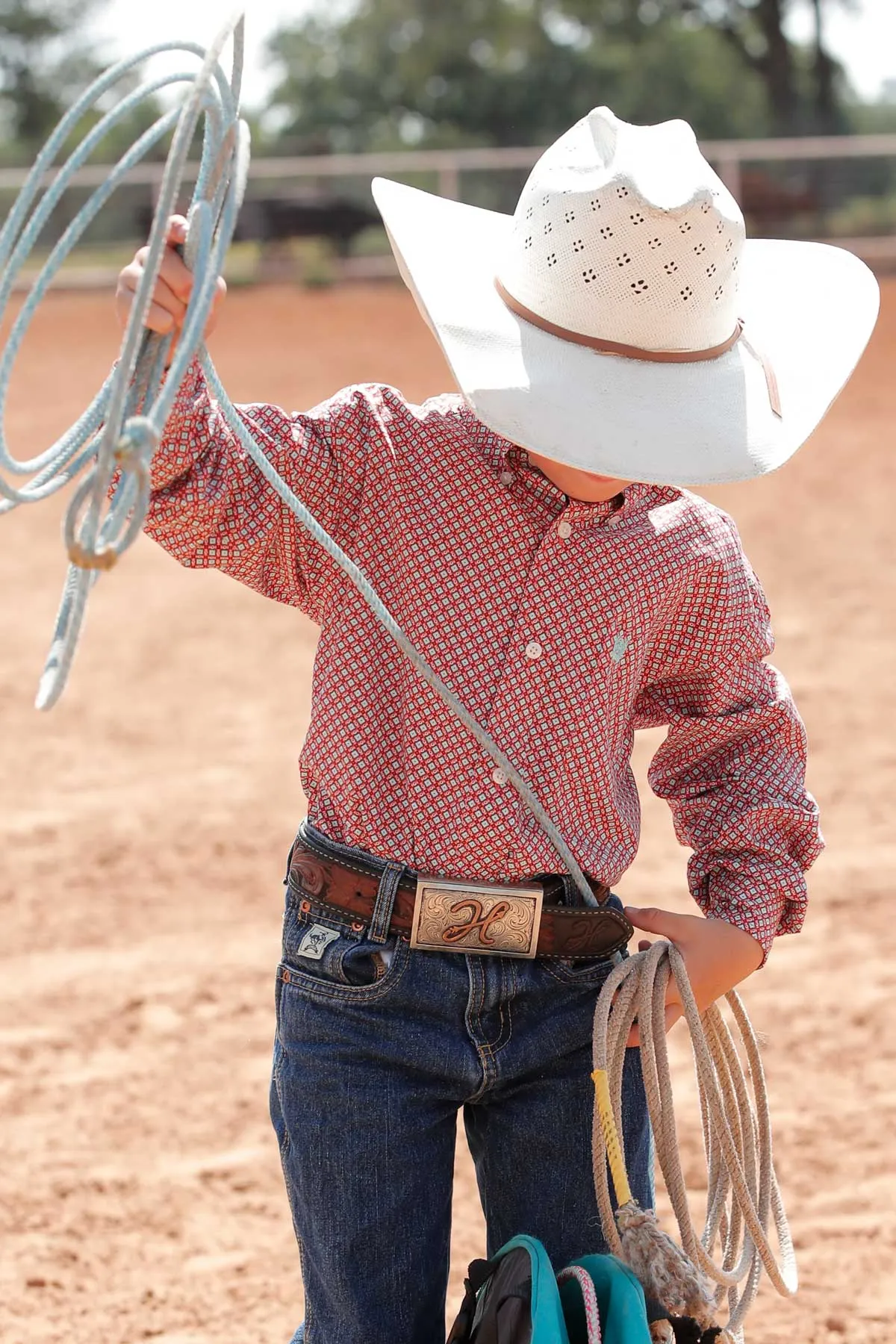 BOYS RED PRINT CINCH LONG SLEEVE SHIRT