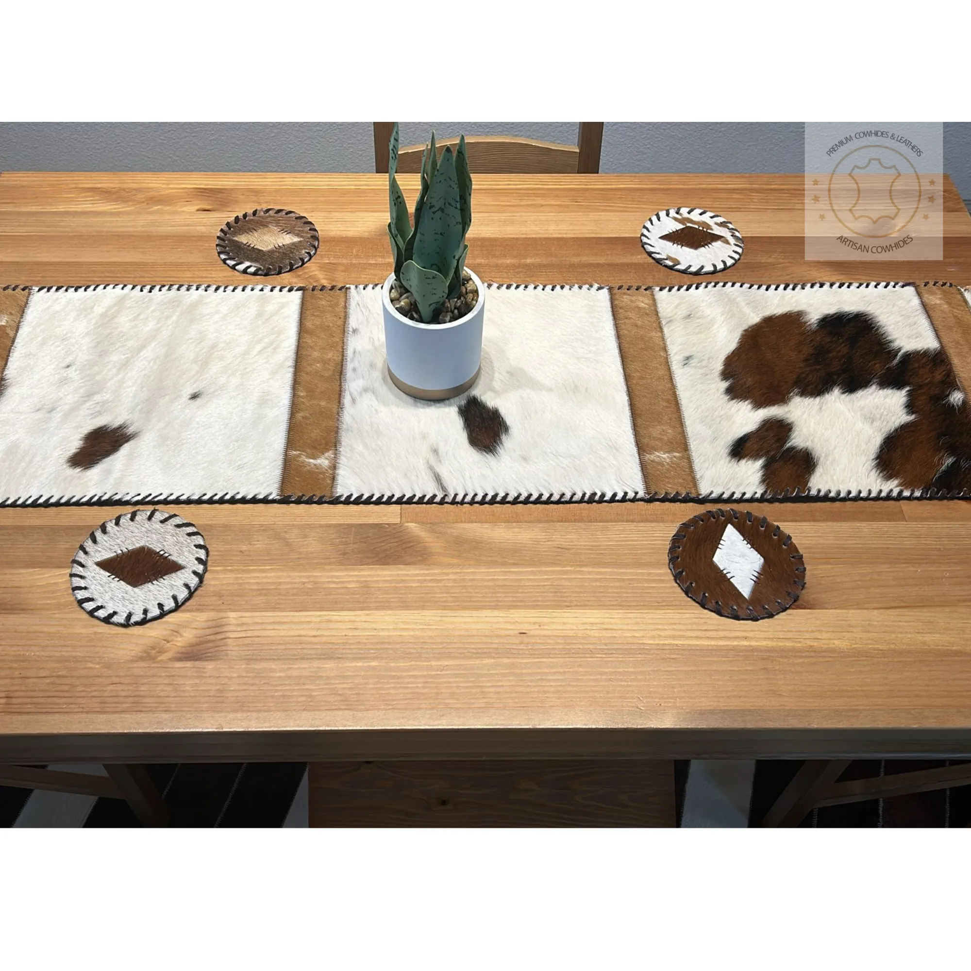 Brown & White Cowhide Table Runner - 8ft -  Table deccor