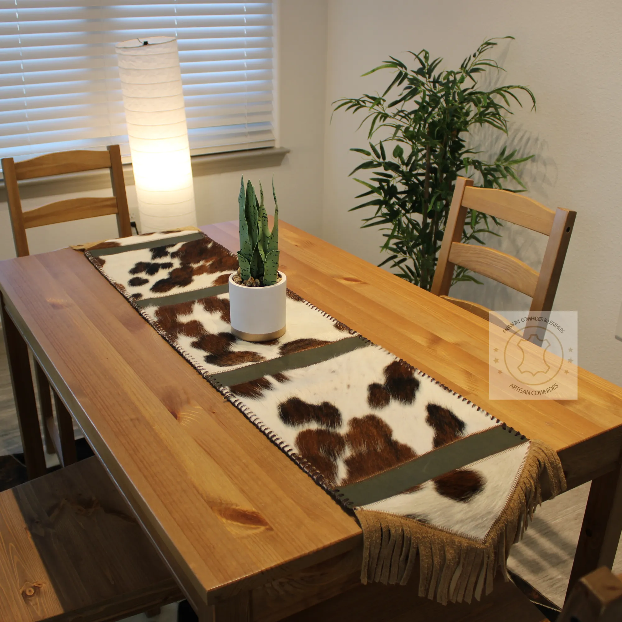 Brown & White Cowhide Table Runner - 8ft -  Table deccor