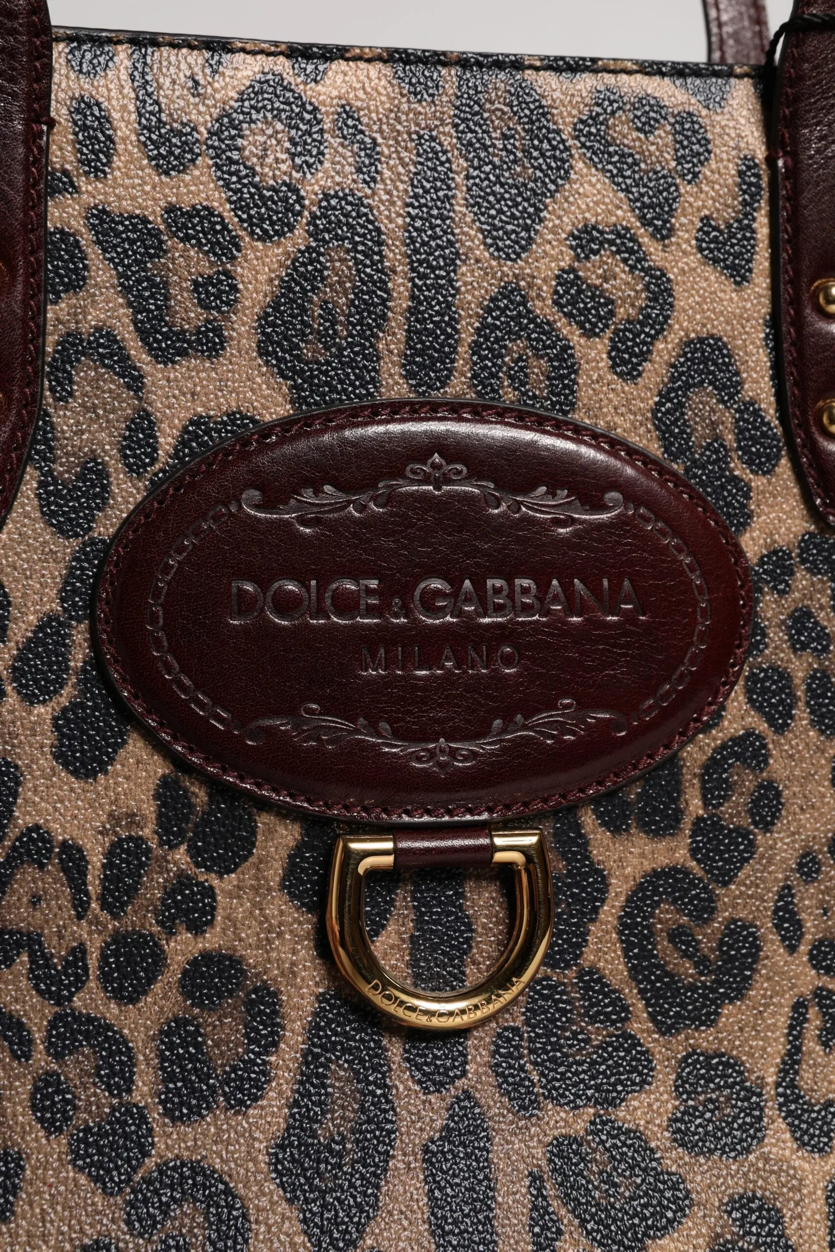 Brown Leopard Leather Shoulder Strap Tote Bag