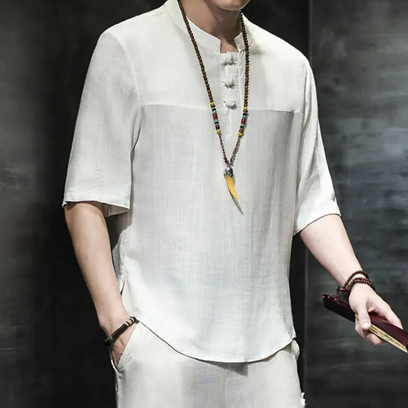 Buddha Stones Casual Vintage  Chinese Frog-Button Men's Half Sleeve Cotton Linen T-Shirt