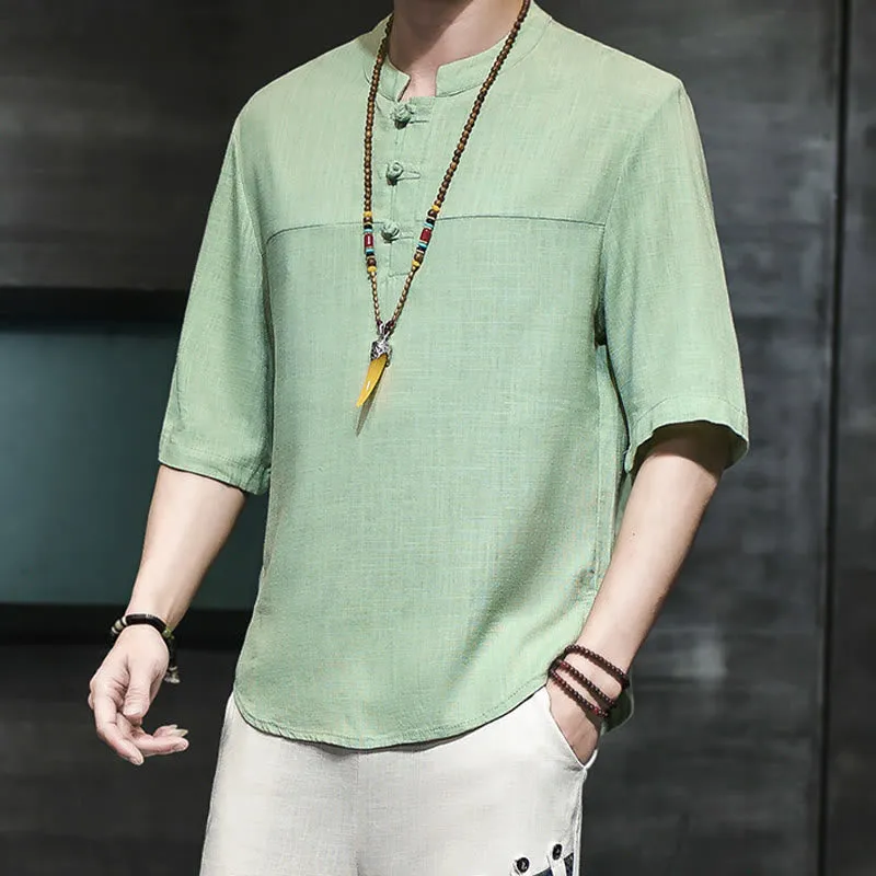 Buddha Stones Casual Vintage  Chinese Frog-Button Men's Half Sleeve Cotton Linen T-Shirt