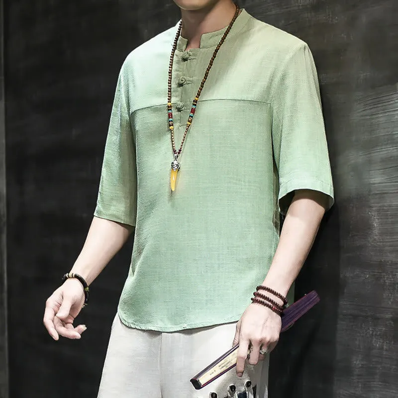 Buddha Stones Casual Vintage  Chinese Frog-Button Men's Half Sleeve Cotton Linen T-Shirt
