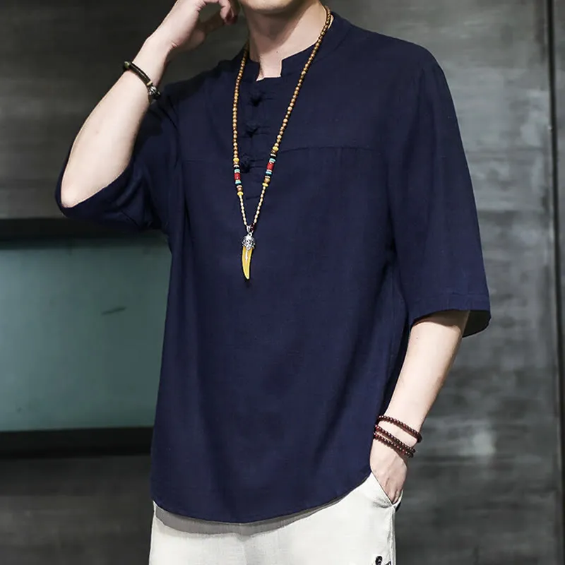Buddha Stones Casual Vintage  Chinese Frog-Button Men's Half Sleeve Cotton Linen T-Shirt