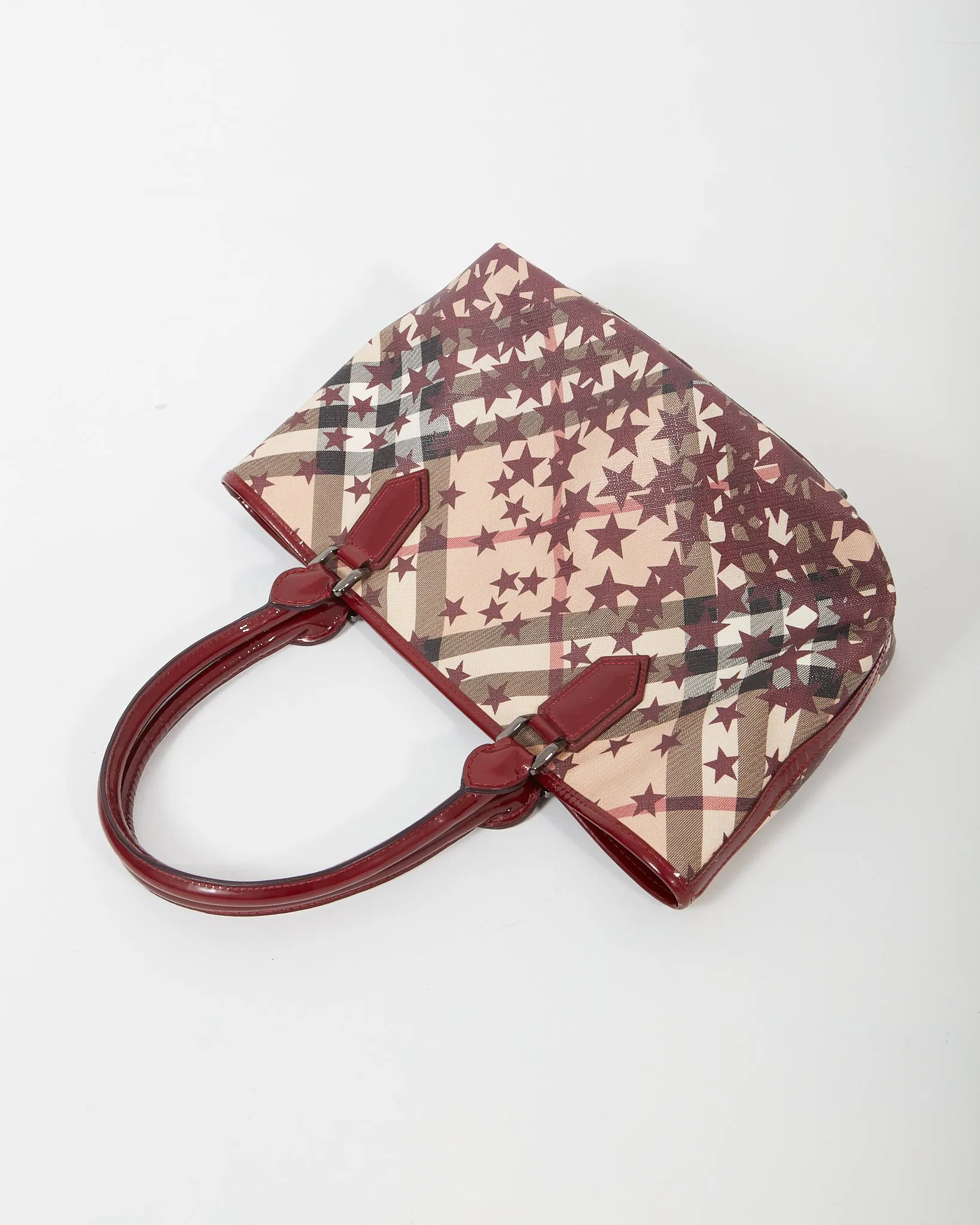 Burberry Burgundy/Beige Coated Canvas & Patent Leather Star Tote Bag