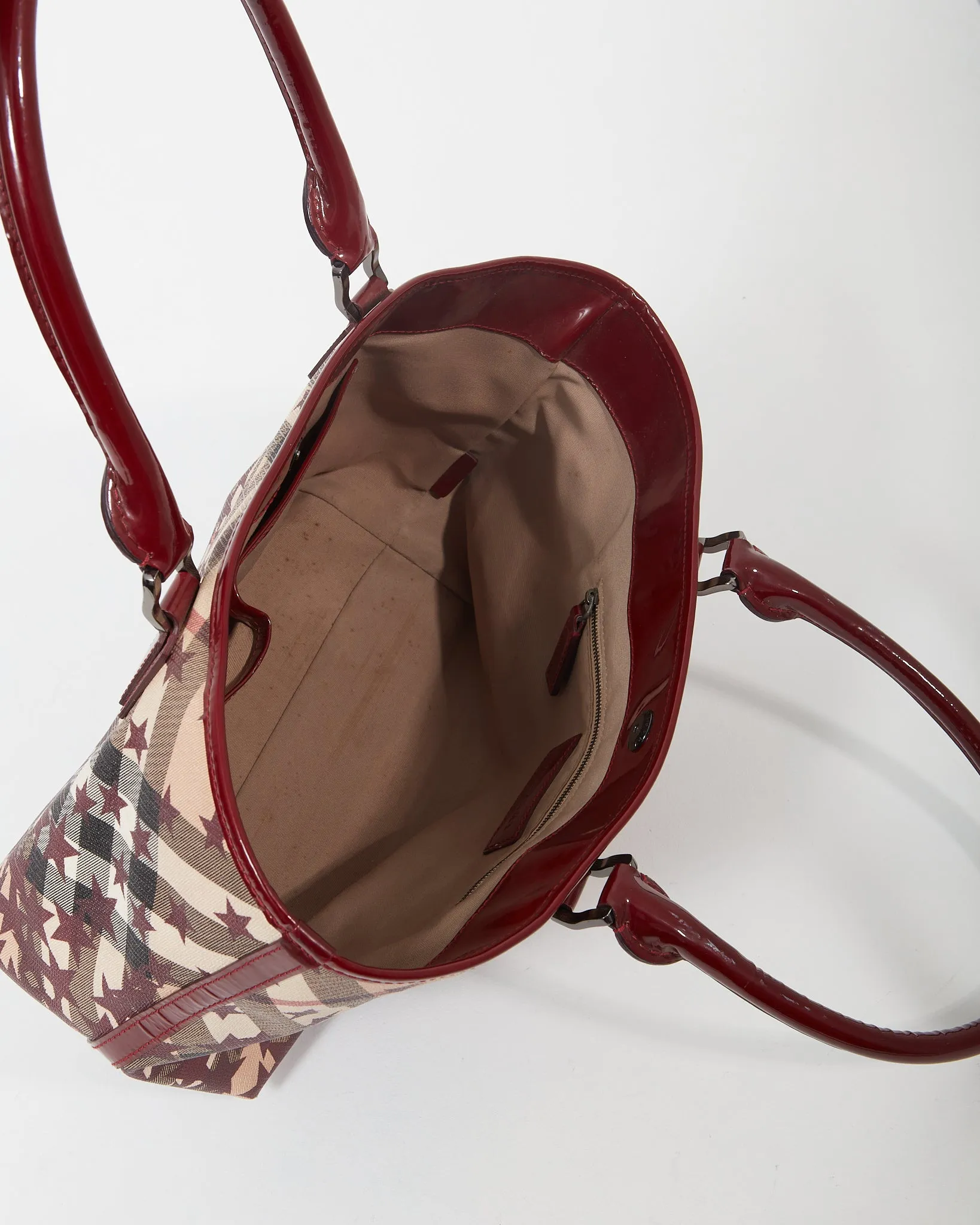 Burberry Burgundy/Beige Coated Canvas & Patent Leather Star Tote Bag