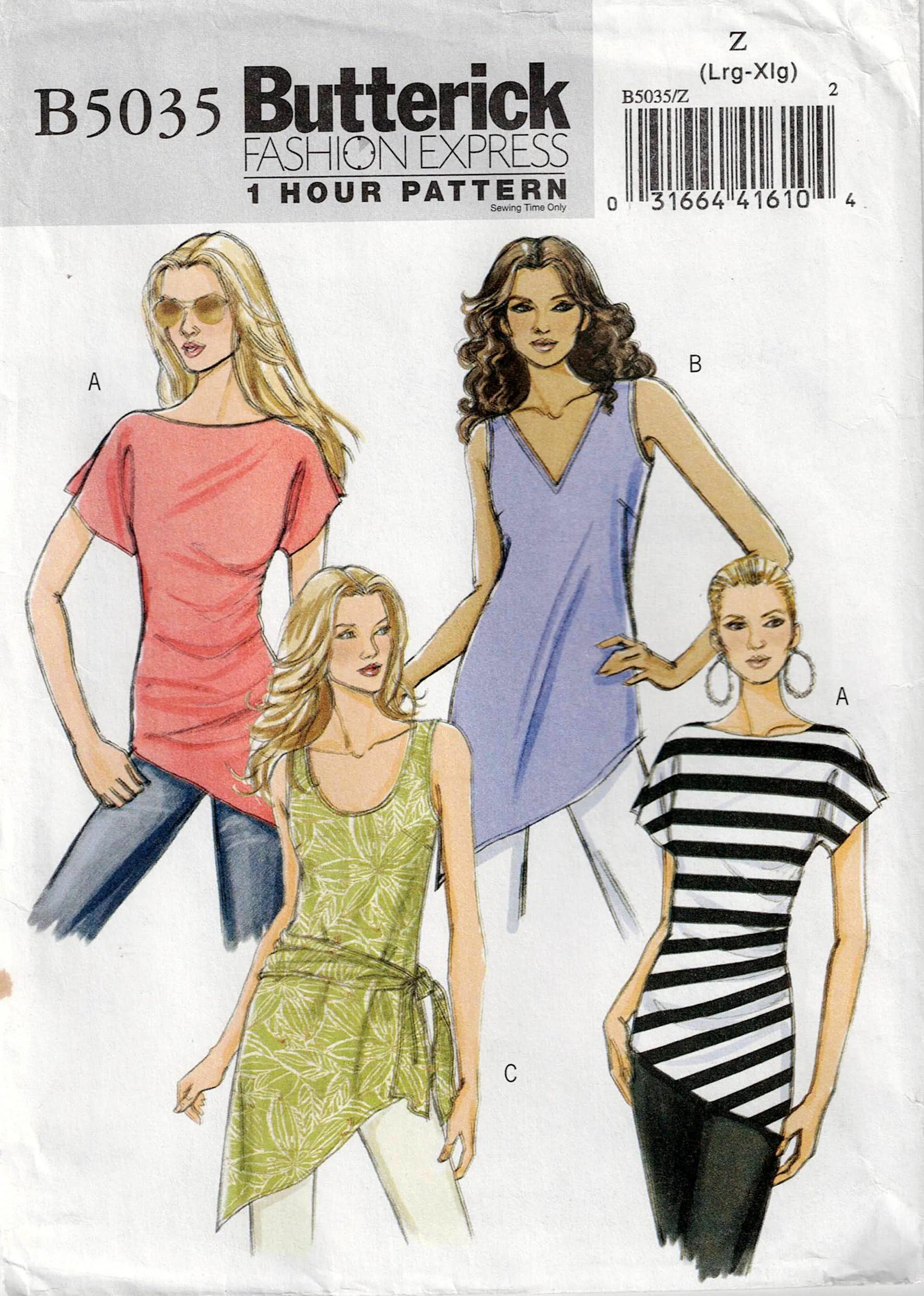 Butterick 5035 Womens EASY 1 Hour Stretch Knit Asymmetric Tunics & Sash Out Of Print Sewing Pattern Sizes XS-M or L-XL UNCUT Factory Folded