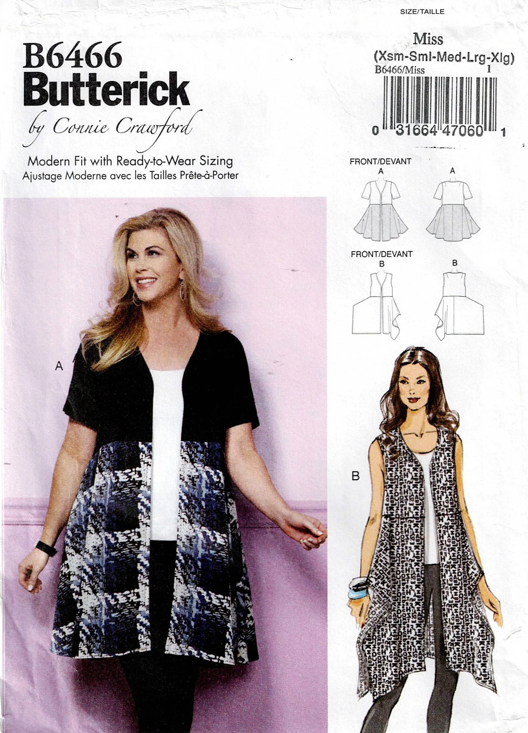 Butterick 6466 CONNIE CRAWFORD Womens Open Front Tunics Out Of Print Sewing Pattern Sizes XS-XL UNCUT Factory Folded