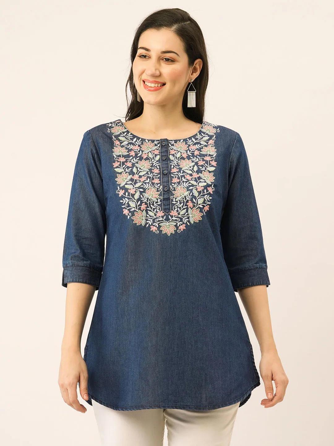 Buy Dx Round Neck Straight Denim Tunic for Women Online - Zola
