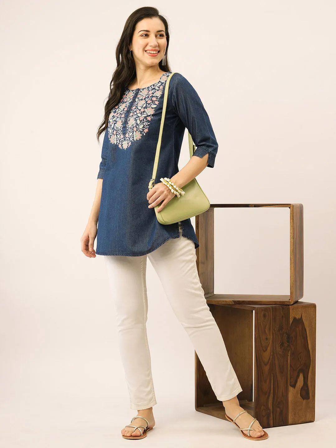 Buy Dx Round Neck Straight Denim Tunic for Women Online - Zola