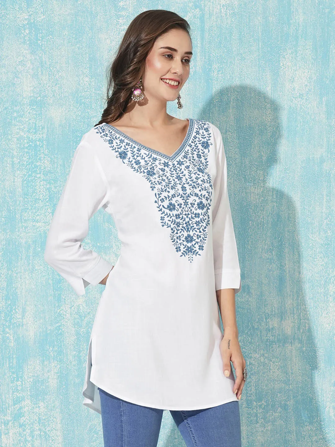Buy V Neck White Comfort Fit Rayon Tunic For Women Online - Zola