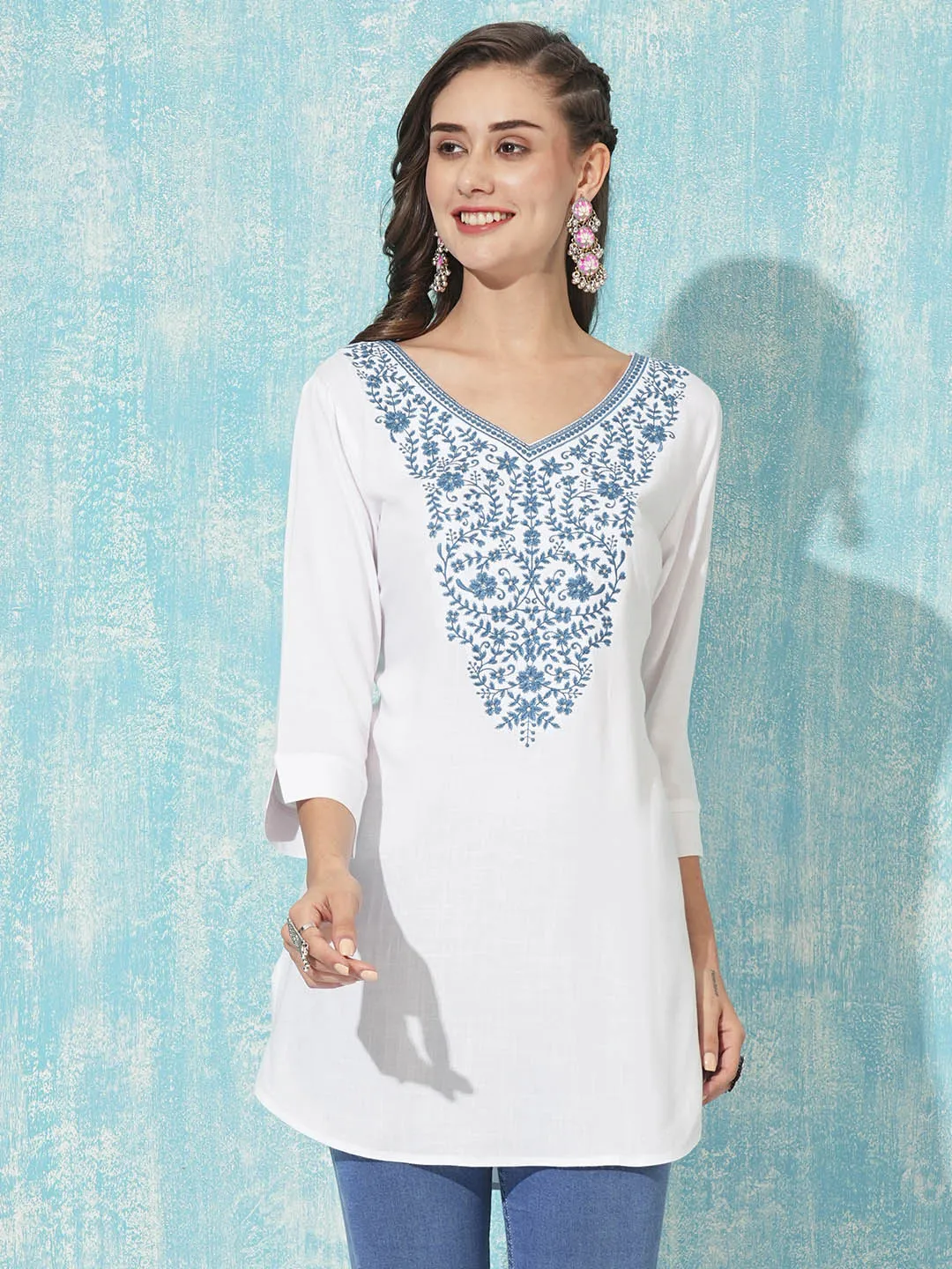 Buy V Neck White Comfort Fit Rayon Tunic For Women Online - Zola