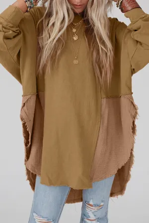Camel Orange Crinkle Splicing Raw Hem Long Sleeve Blouse