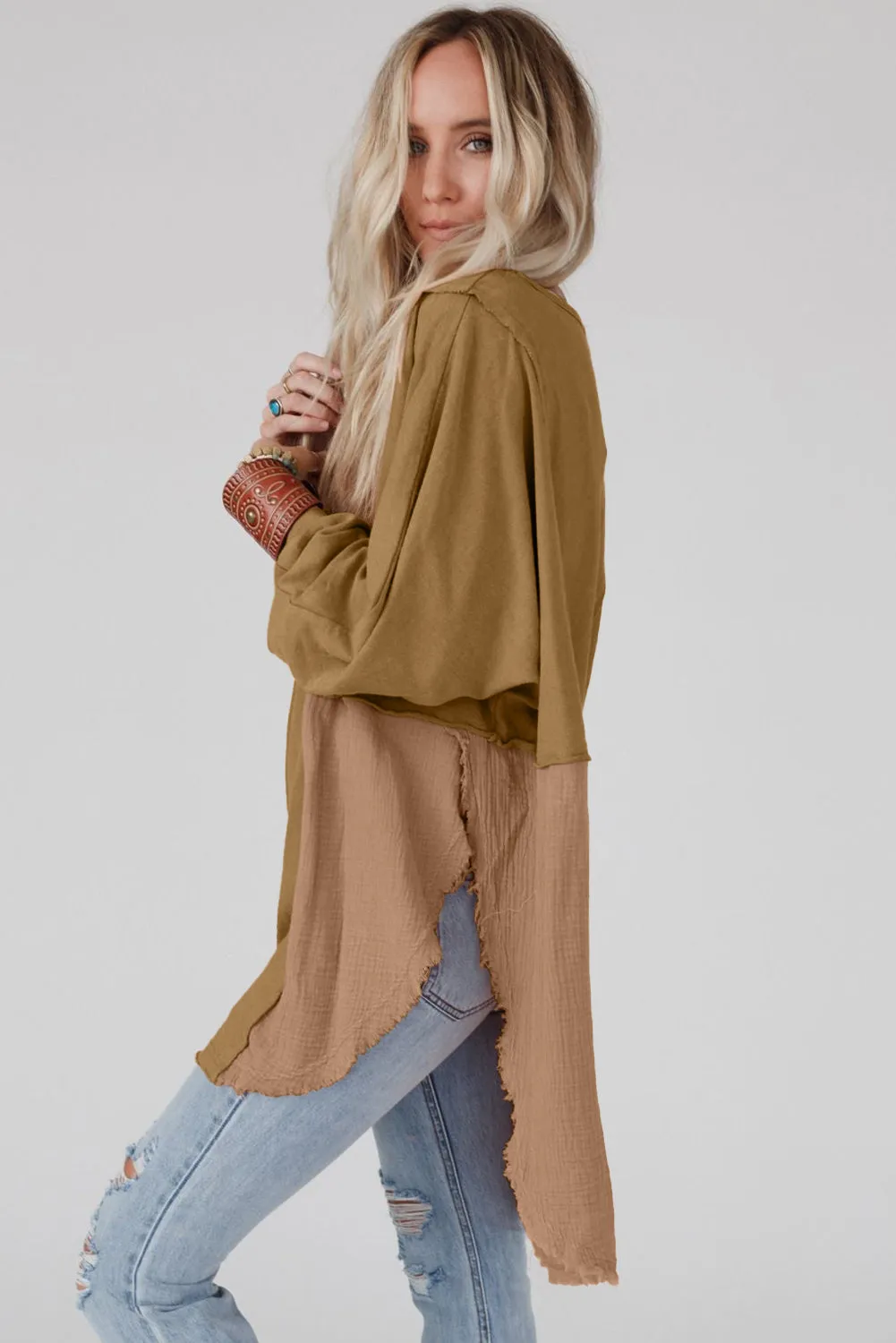 Camel Orange Crinkle Splicing Raw Hem Long Sleeve Blouse
