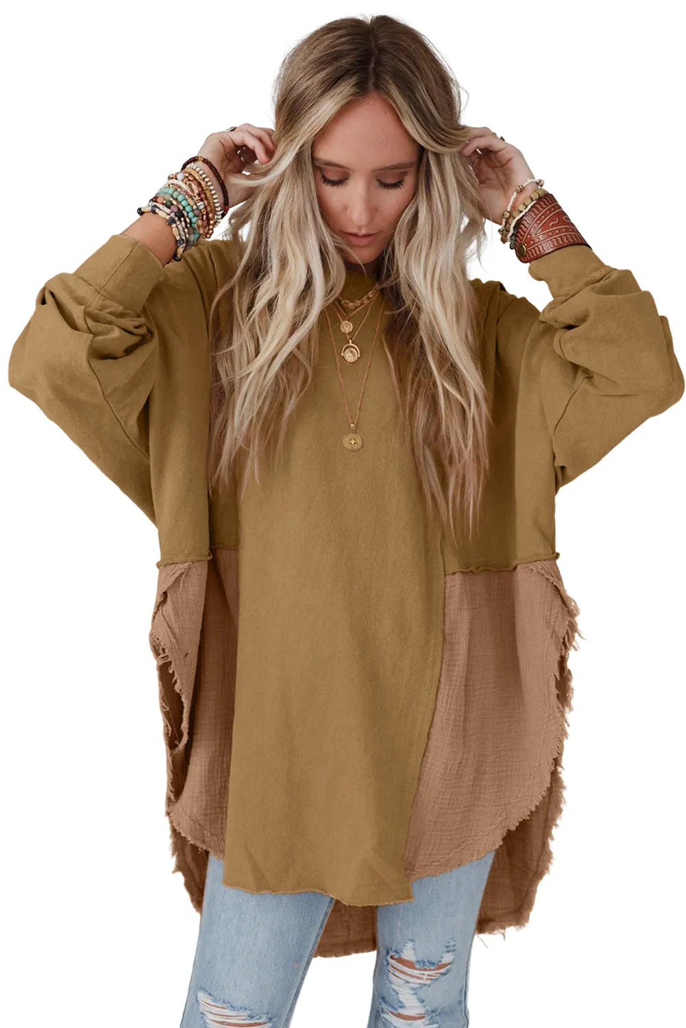 Camel Orange Crinkle Splicing Raw Hem Long Sleeve Blouse